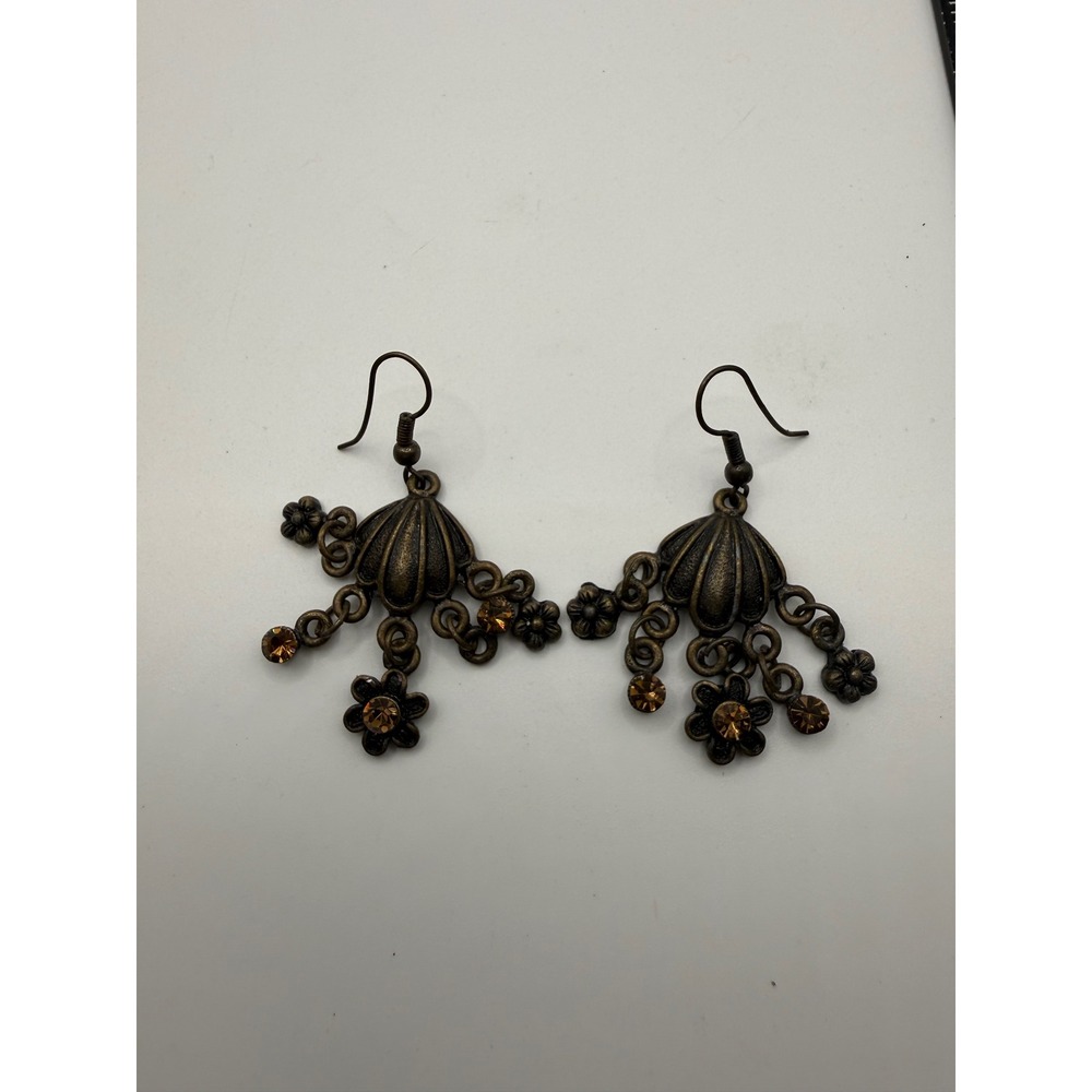 Vintage Bronze Tone Chandelier Earrings Amber Rhinestone Floral Shell Boho Drop